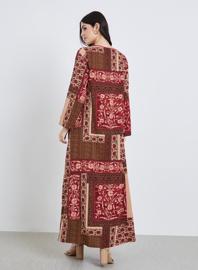 Amirah Women Floral Print Notch Neck A-Line Jalabiya - Image 4